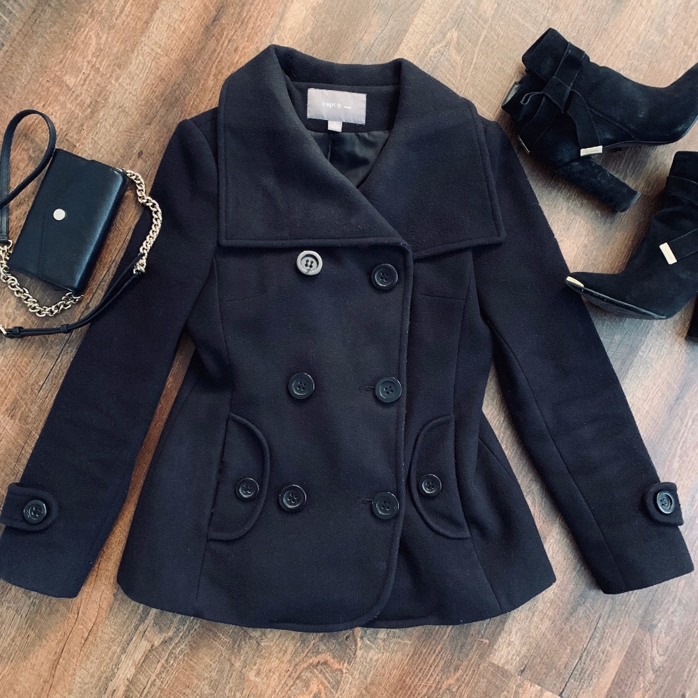 Black Wool Double Breasted Pea Coat | S